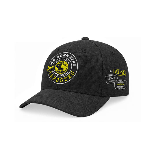 We Born Here But Feel Like Some Refugees – Embroidered Black Cap (Yellow & White)