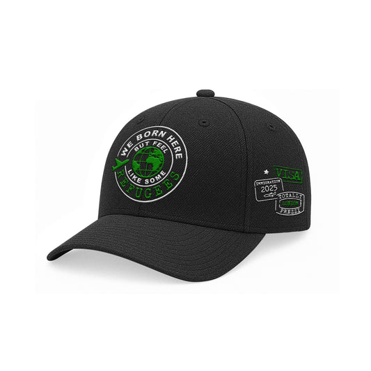 We Born Here But Feel Like Some Refugees – Embroidered Black Cap (Green & White)