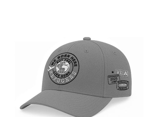 We Born Here But Feel Like Some Refugees – Embroidered Grey Cap (Black & White)