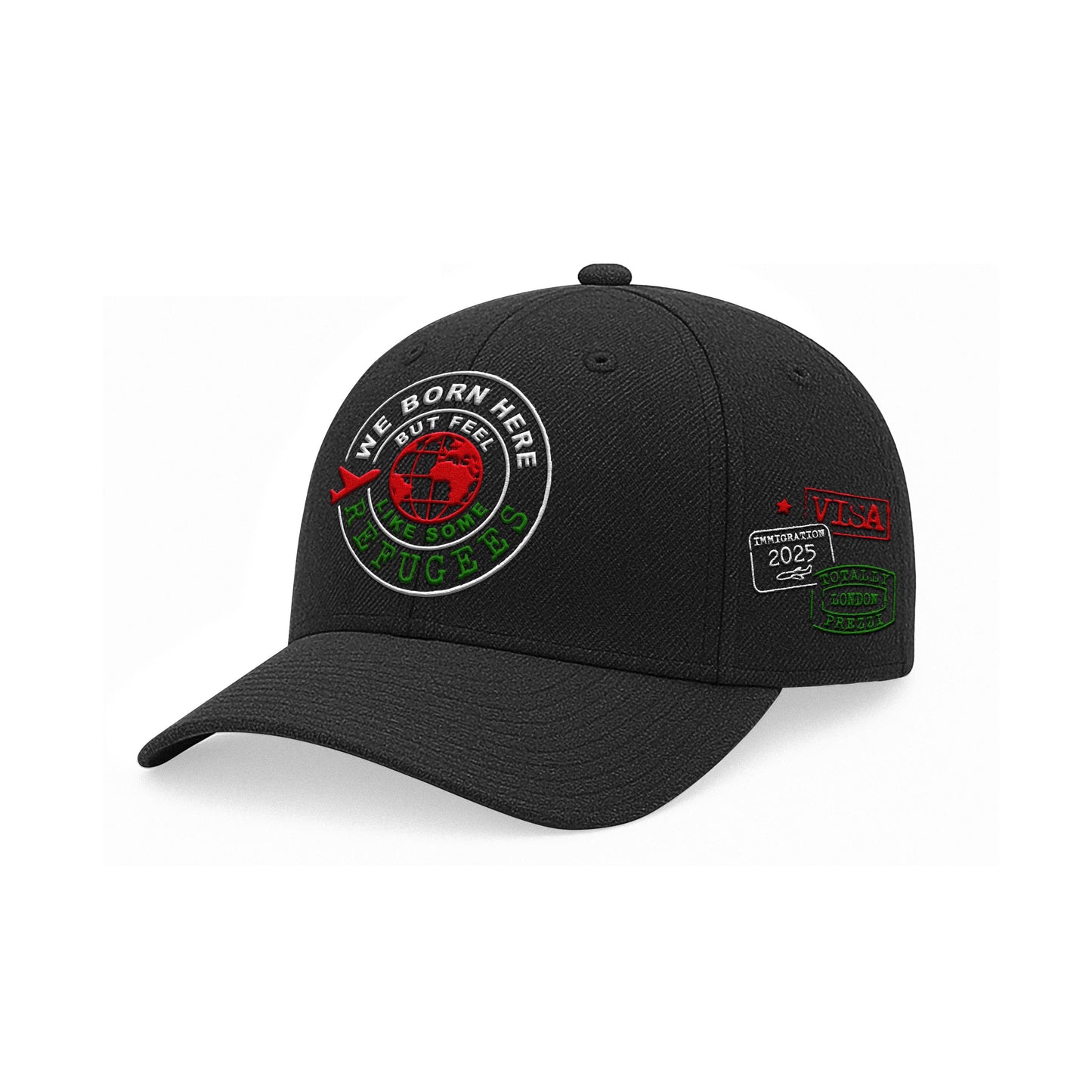 We Born Here But Feel Like Some Refugees – Embroidered Black Cap (Multicolour)