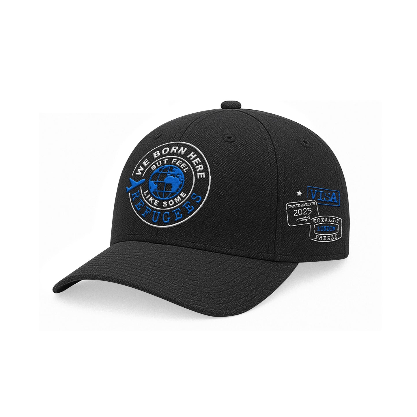 We Born Here But Feel Like Some Refugees – Embroidered Black Cap (Blue & White)
