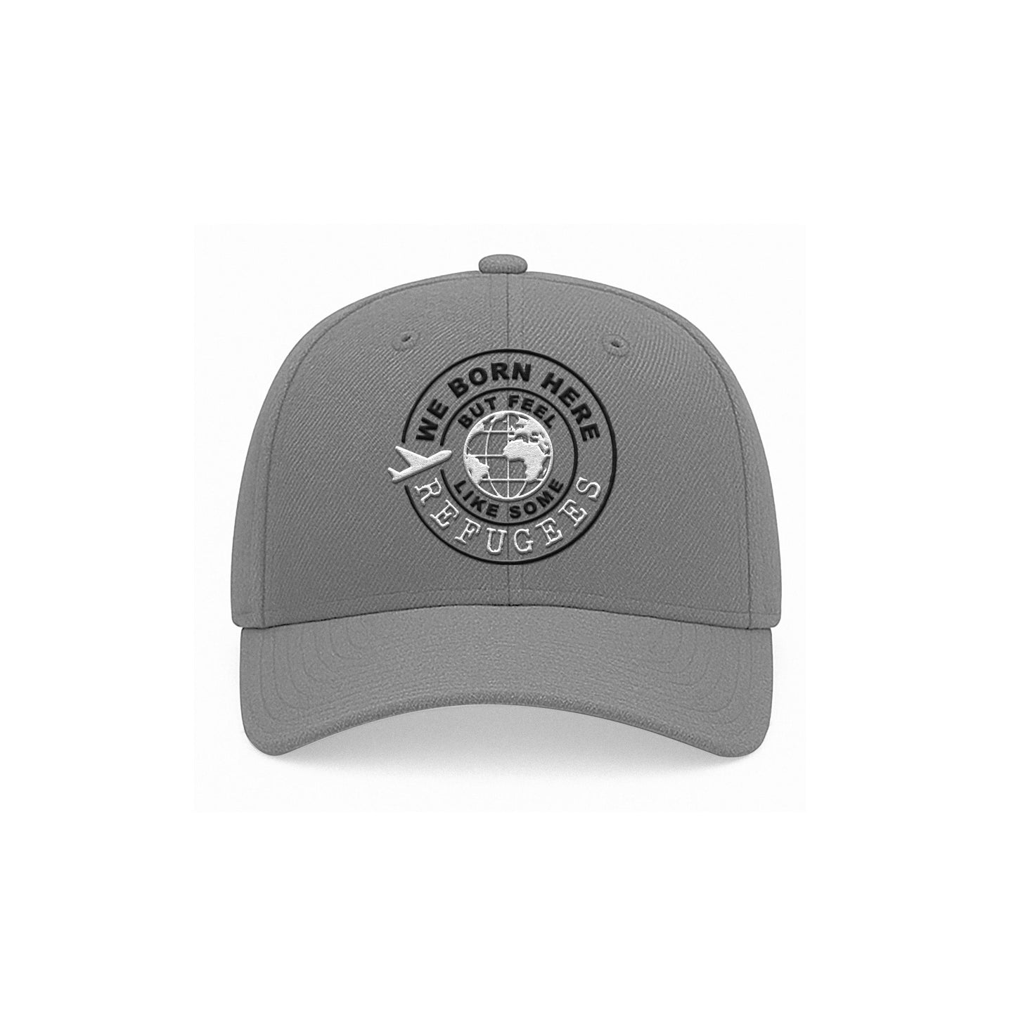 We Born Here But Feel Like Some Refugees – Embroidered Grey Cap (Black & White)