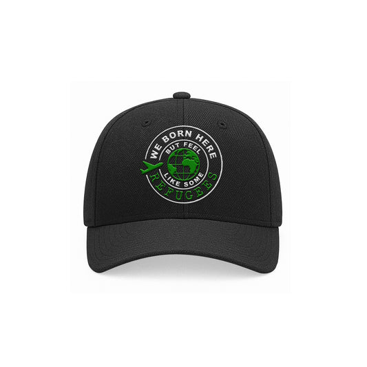 We Born Here But Feel Like Some Refugees – Embroidered Black Cap (Green & White)