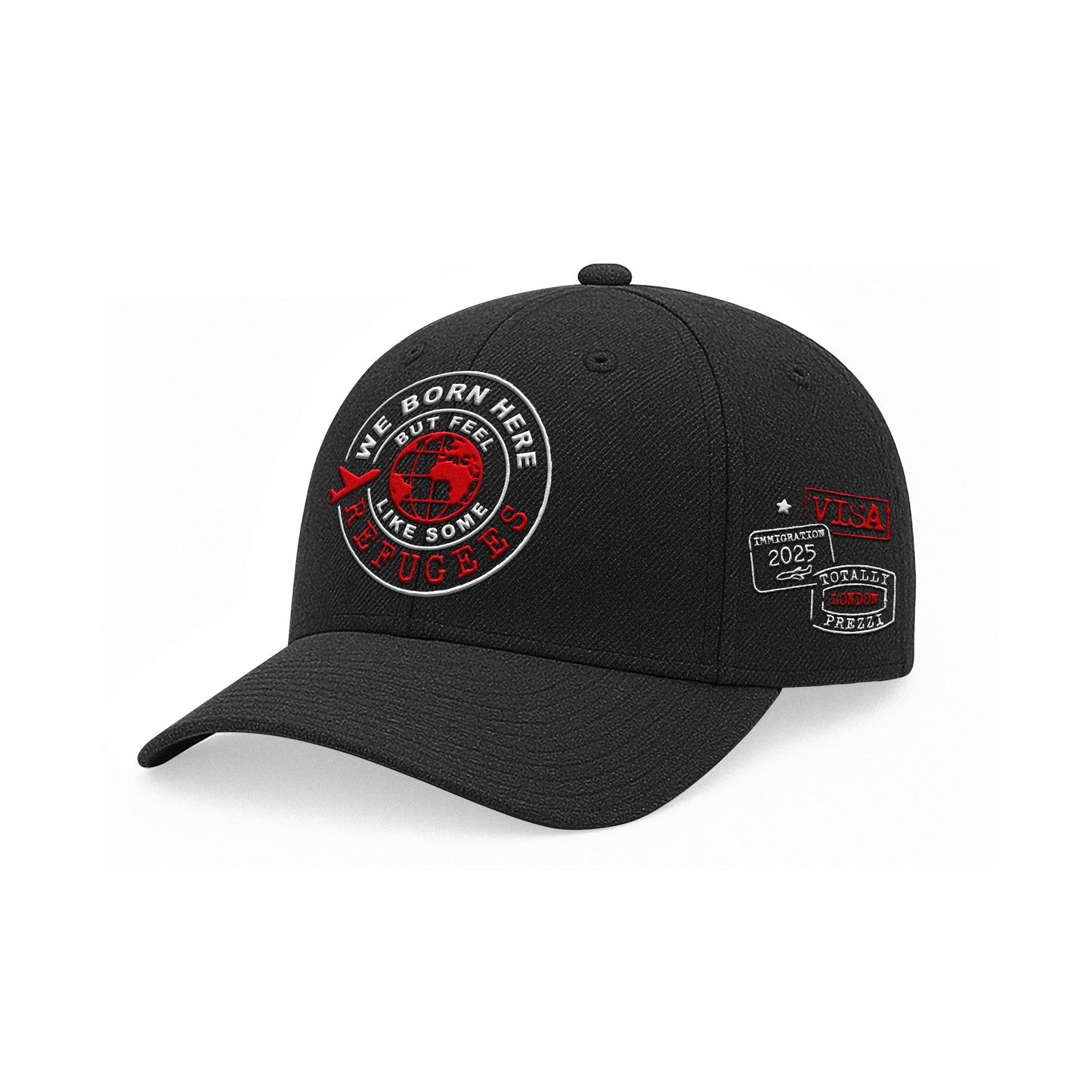 We Born Here But Feel Like Some Refugees – Embroidered Black Cap (Red & White)